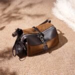 LLBY-3256 Suede Chain Shoulder Bag Tan - top angle showing smooth leather flap and silver-tone chain clasp