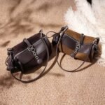 LLBY-3256 Suede Chain Shoulder Bag - Tan and Coffee color pair styled on knit background, silver chain clasp with leather round tag